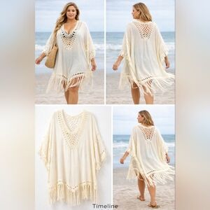 timeline ivory boho crochet fringe poncho beach cover up tunic 3x festival